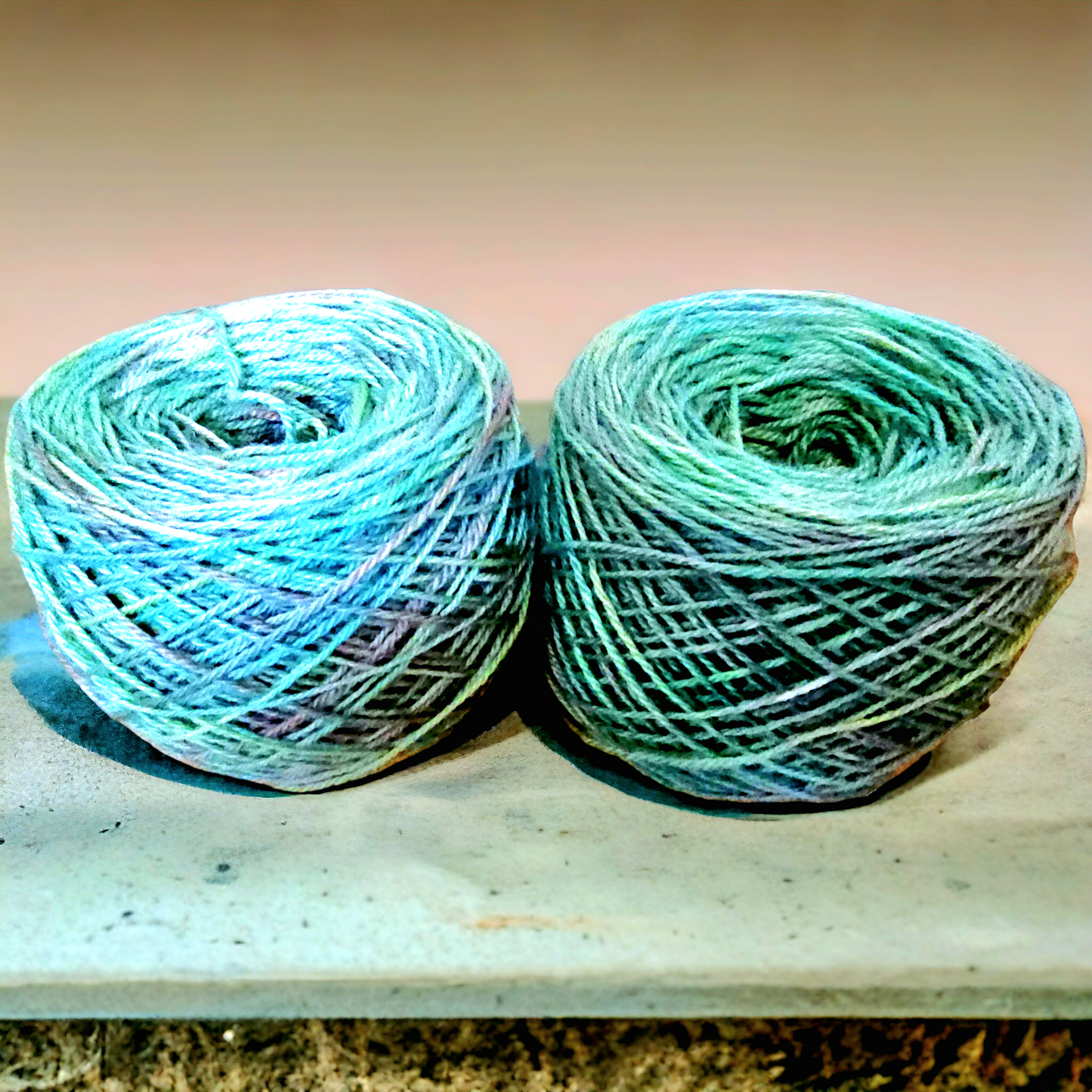 Hand dyed DK yarn in greens and lavender.