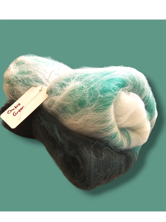 Ombre green. Beautiful batt perfect for spinning into yarn, felting or weaving.